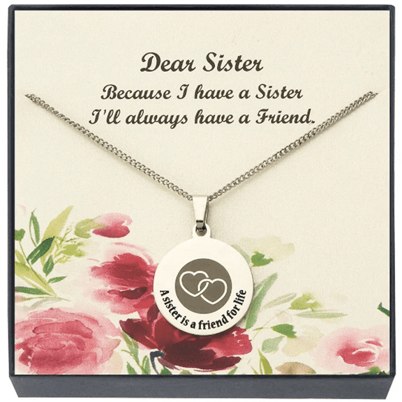 Stainless Steel "A Sister Is A Friend For Life" Engraved Disc Pendant Necklace, Sister Jewelry for Women, 18-inch