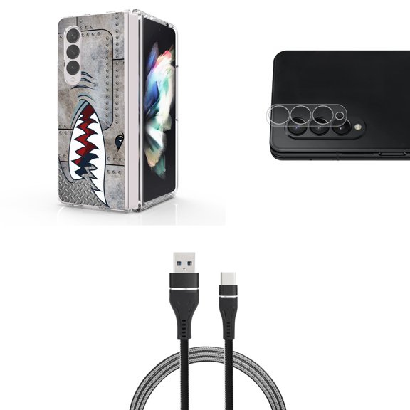 Accessory Bundle for Galaxy Z Fold 4: Slim Snap-On Case (Metal Shark), Rear Camera Glass Protector, Nylon Braided USB-C to USB-A Cable (3 Feet)