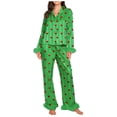thumbnail image 3 of VBTAPA Valentine's Day 2 Piece Pajamas Set Women Button Down Shirt and Pants Faux Fur Trim Long Sleeve Sleepwear Lounge Set Green S, 3 of 5