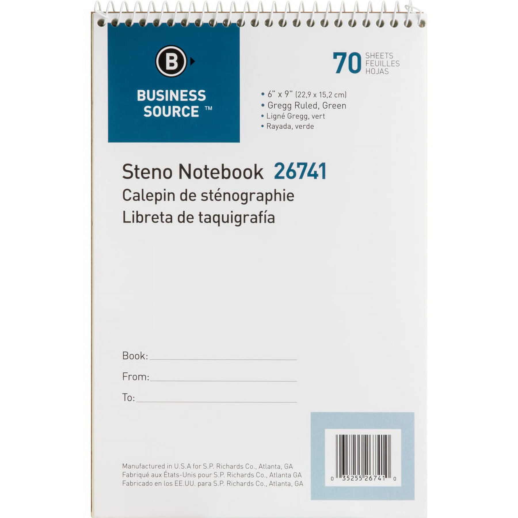 Business Source Wirebound Steno Notebook - 70 Sheets - Wire Bound - 15 Lb Basis Weight - 6" X 9" - Green Paper - 12 / Pack