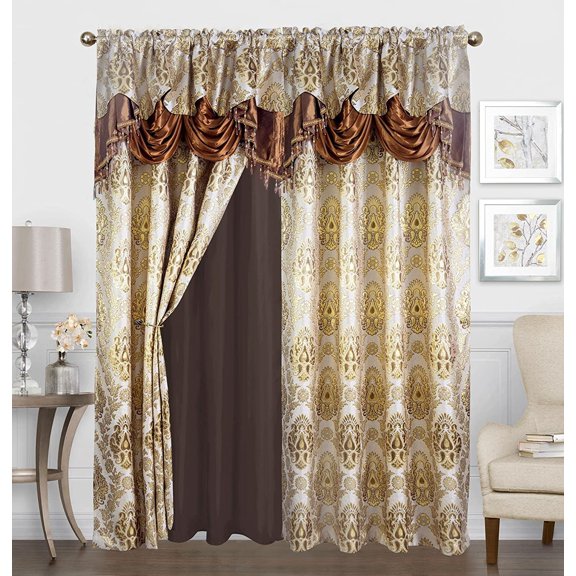 Sapphire Home Shiny Jacquard Curtain Drape Set 2 Panels 95-Inch Long, Includes Attached Valance, Sheer Backing, 2 Tassels, Damask Medallion Floral Drape for Living Rooms, Avery, 95", Coffee/Gold