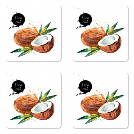 

Tropical Coaster Set of 4 Hand Drawn Aquarelle Coconut with Brush Marks Fruit of Hawaii Leaves Square Hardboard Gloss Coasters Standard Size Fern Green Brown Black by Ambesonne