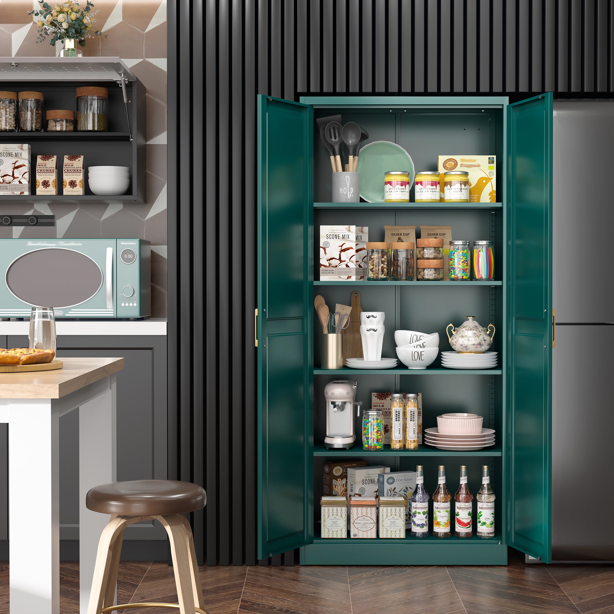 Polup 71" Height Metal Green Storage Cabinet, Modern Tall Steel Pantry Cupboard with 2 Doors and Adjustable Shelves for Kitchen Garage and Home