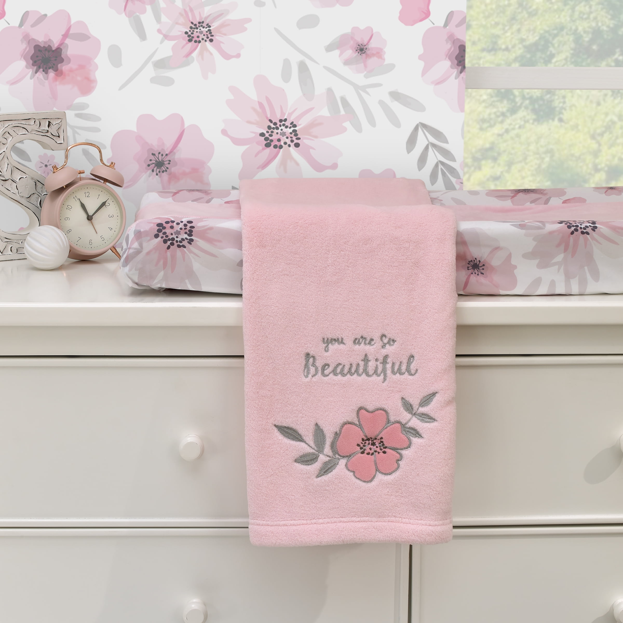 Little Love by NoJo Beautiful Blooms Pink and Gray Baby Blanket