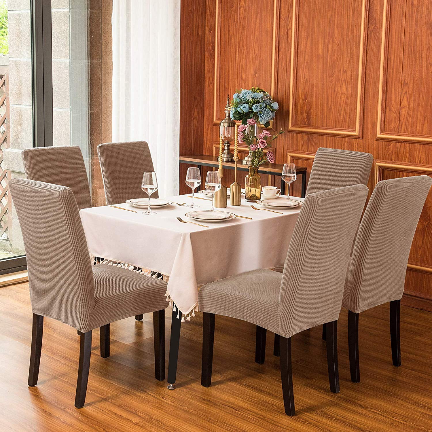 Subrtex Stretch Textured Grid Dining Chair Slipcover (Set of 4, Camel)