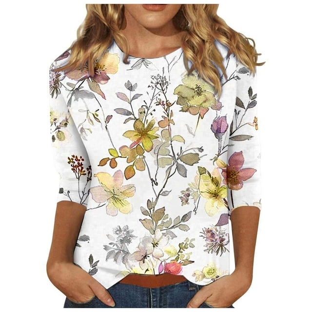 Pisexur Hauts pour Femmes Mode T-Shirts à Imprimé Floral Col Rond Manches 3/4 Tee Tops Tendance Blouses d'Été et d'Automne