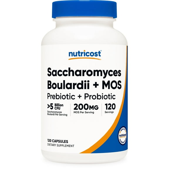 Nutricost Saccharomyces Boulardii   MOS Capsules (>5 Billion CFU) 120 Capsules - Prebiotic   Probiotic, 200mg of MOS Per Serving