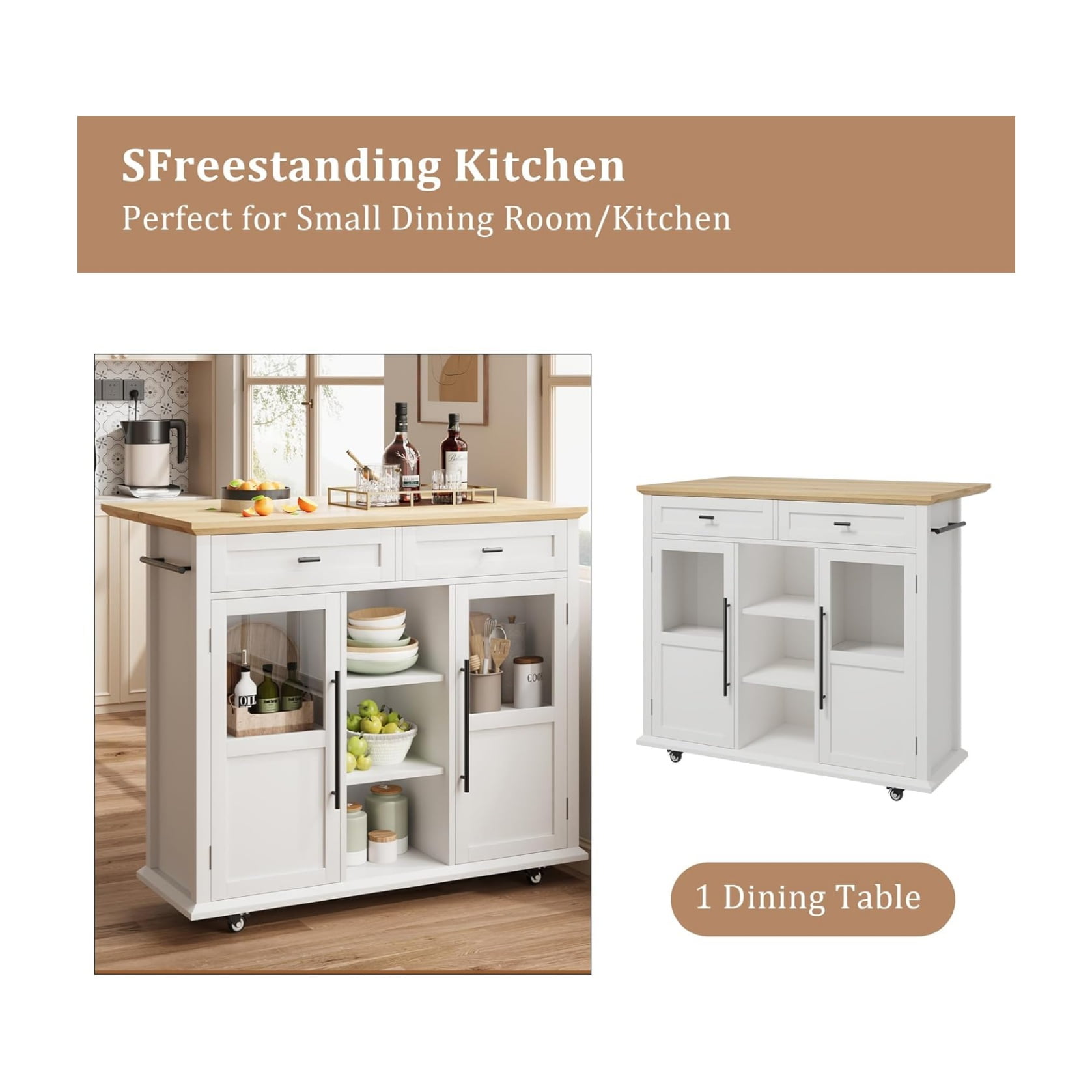 Foldable Kitchen Island Cart with Wheels, 2 Glass Doors, Home Kitchen Spice Rack & Towel Holder – Compact Mobile Storage Cart for Small Kitchens, Dining Rooms, Camping & RVs