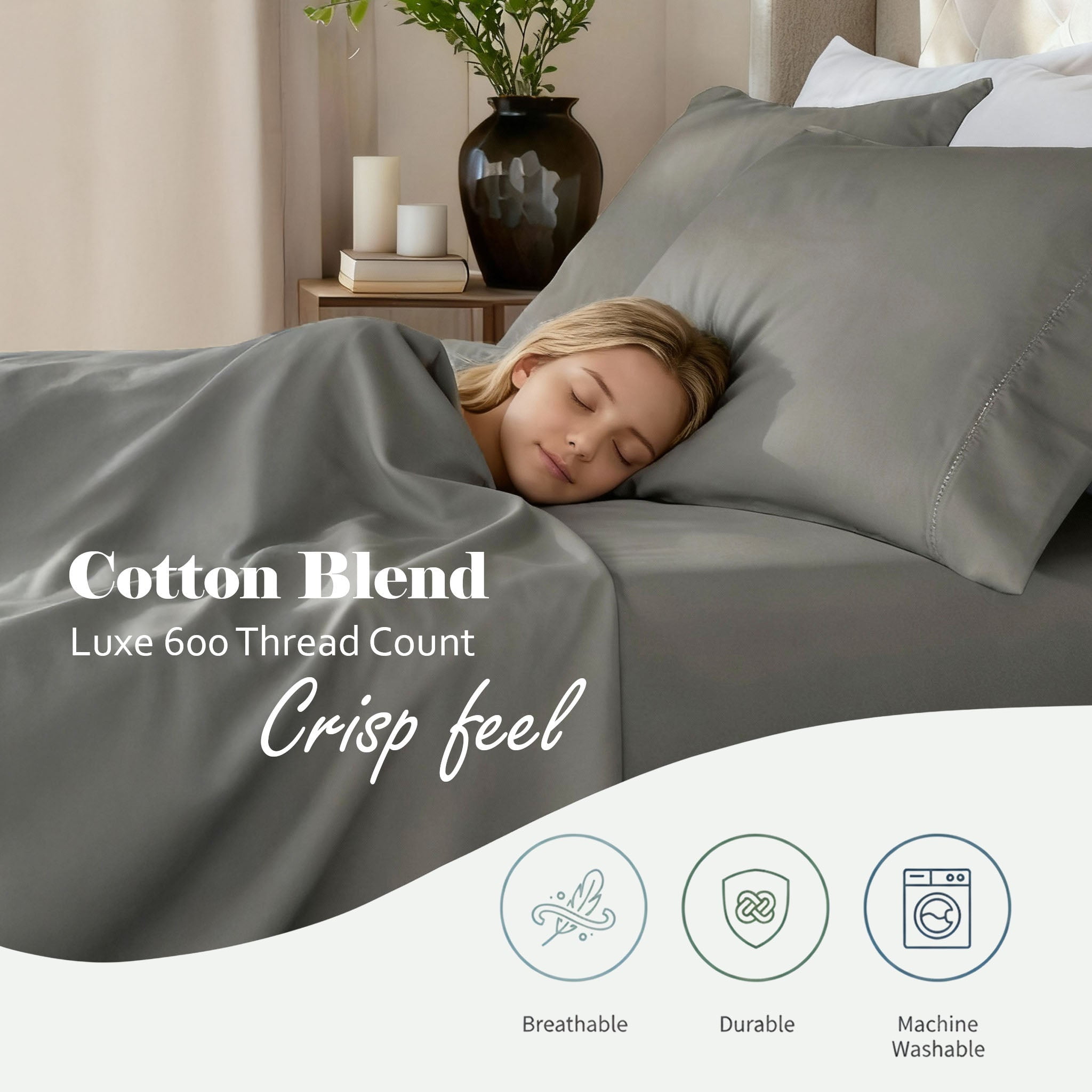 Superior Cotton Blend 600 Thread Count Embroidered Sheet Set, Olympic Queen, Grey