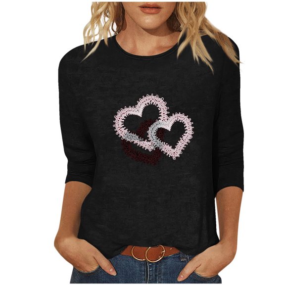 ZHYou Womens T-Shirts Valentine's Day Loose Fit 3/4 Sleeve Valentine's Day Printed V-Neck Casual Soft Spring Summer Shirts,Black,2XL