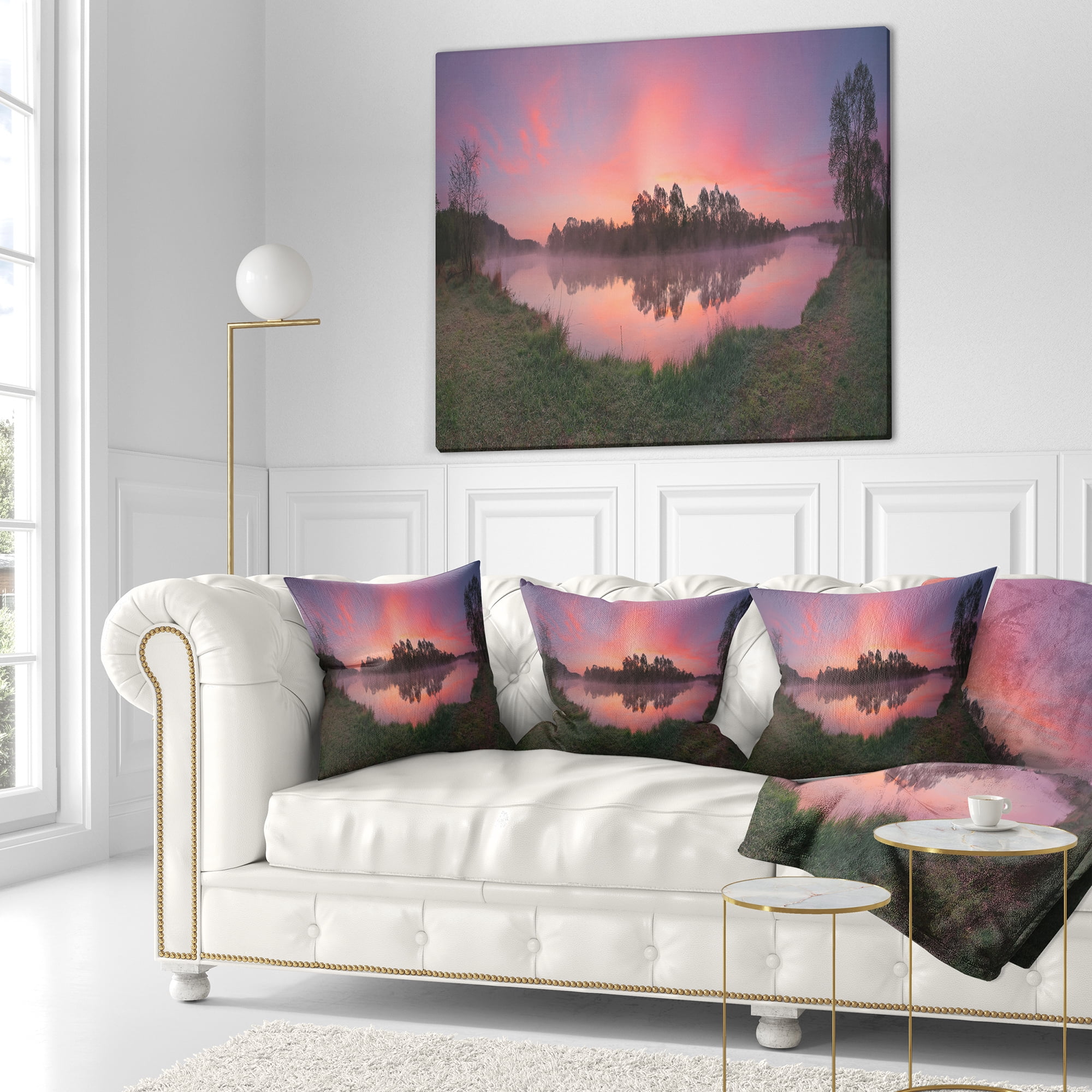 Designart Purple Tinged Lake Sunrise View - Landscape Printed Throw Pillow - 18x18