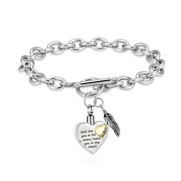 Cremation Ashes Jewellery Small Urns Bracelets Women Men Adjustable Leather Bracelet Heart Locket -God has you in his arms, I have you in my heart