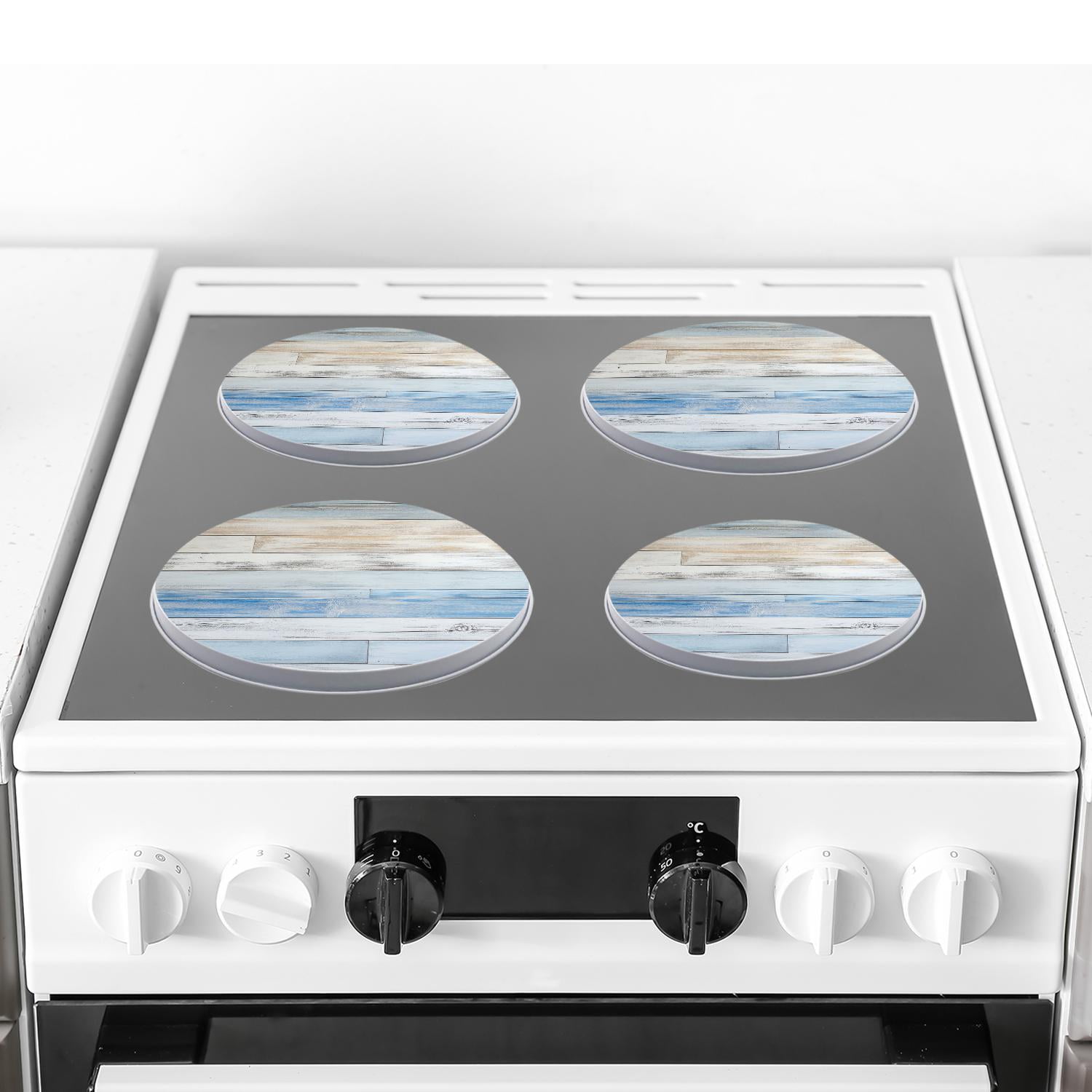 Metal Stove Burner Covers 4 Pcs Metal Round Stove Burner Covers 8Inch And 10Inch ,Blue White Brown Wood pattern, for Home Decor Cooktop Decorative