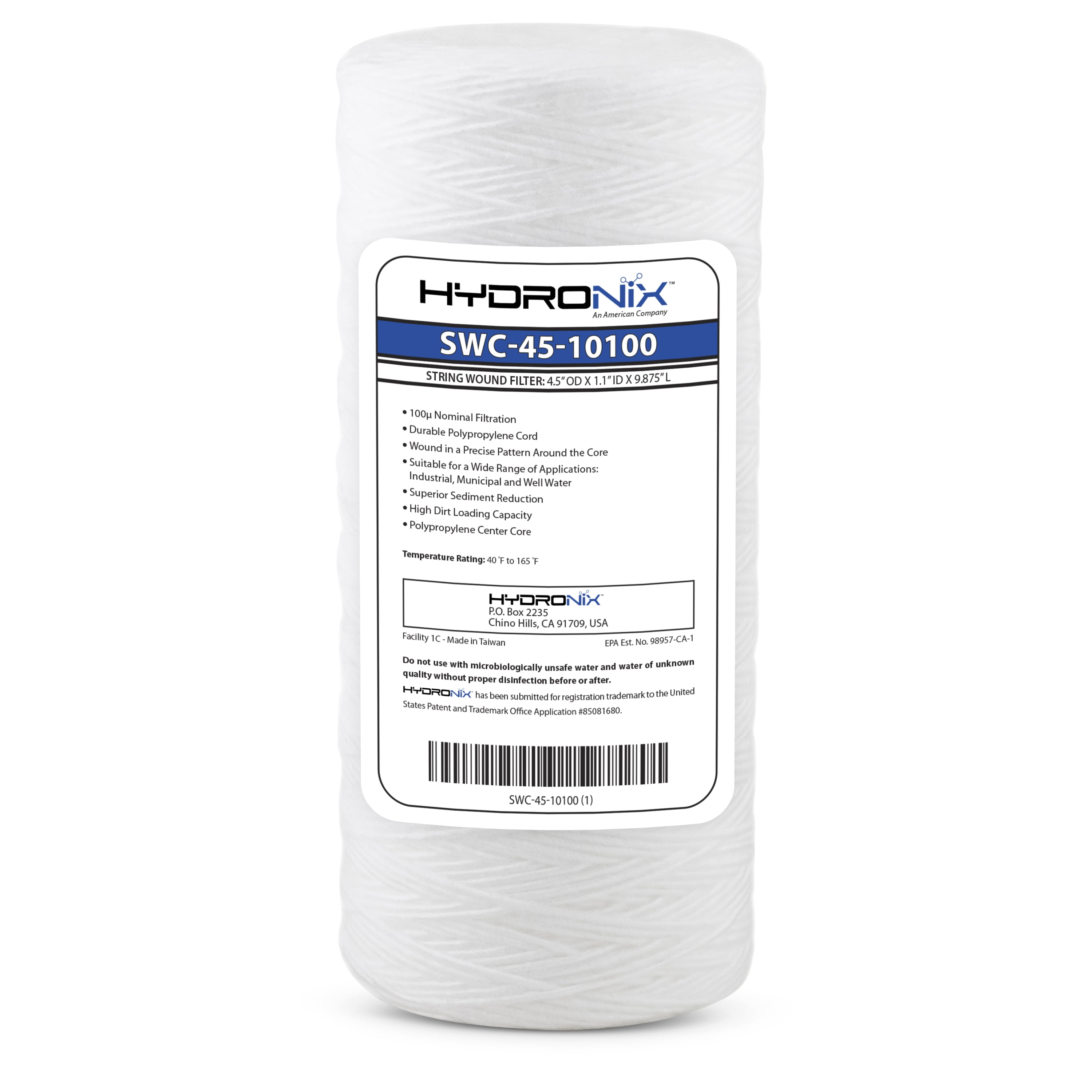 Hydronix SWC-45-10100 Universal Whole House Sediment String Wound Water Filter Cartridge 4.5" x 10" - 100 micron
