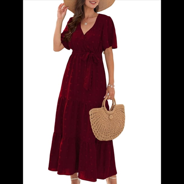 Vestido Bohemio de Lunares para Mujer, de Verano, con Cuello en V, Corta, y Fluido, para Invitada A una Boda en la Iglesia Rojo Carmesí L