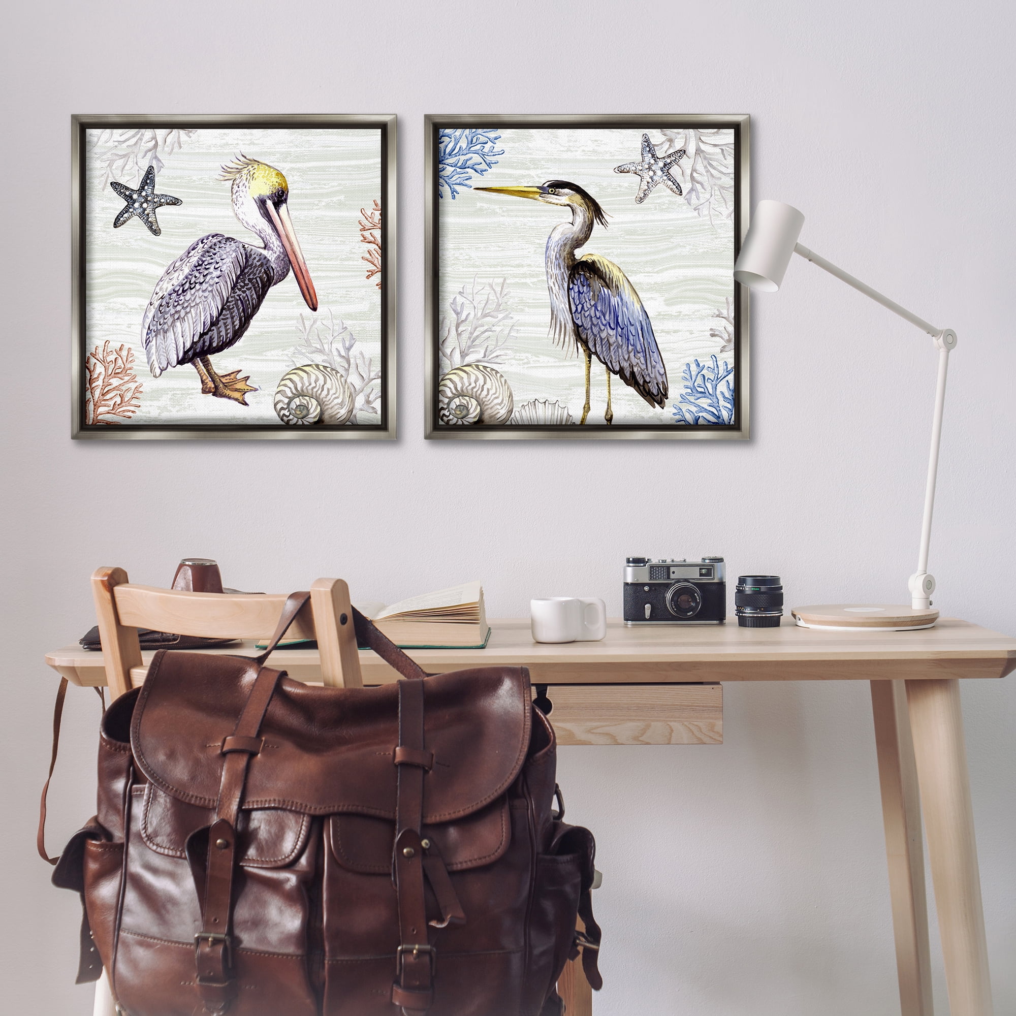 Stupell Industries Coastal Pelican & Heron Animals Painting Gray Floater Framed Canvas Art Print Wall Art, 25 x 25, Set of 2