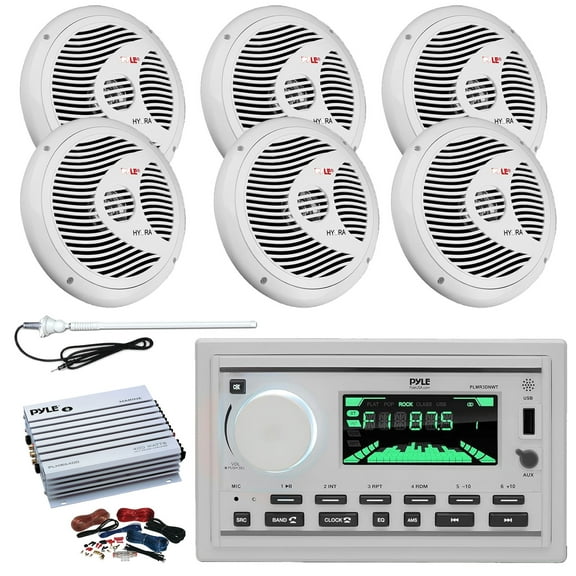 Pyle PLMR3DNWT Double DIN Marine USB Bluetooth AM/FM MP3 Stereo Receiver, 6x Pyle PLMR60W 6.5'' 150 Watt Dual Cone Full Range Waterproof Speakers (White), 4-Channel Amplifier w/Kit, Long Range Antenna