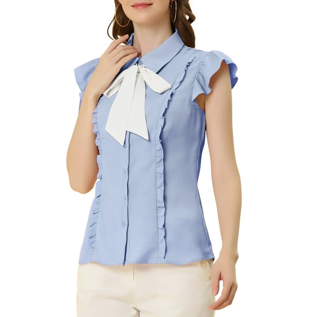 INSPIRE CHIC Hauts à Volants pour Femmes à Manches Courtes Style Cap, Col à Nouer, Chemisier Boutonné à Col Peter Pan, TP Bleu