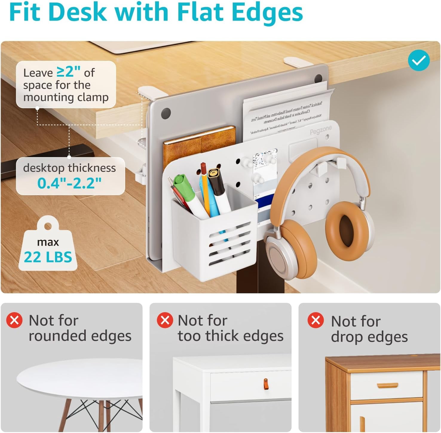 Desk Side Storage Organizer, Clamp-On Under Desk Laptop Holder with Pegboard Accessories, Hanging Shelf for Laptops/Tablets, Fits 0.4"–2.2" Desk Edge, White