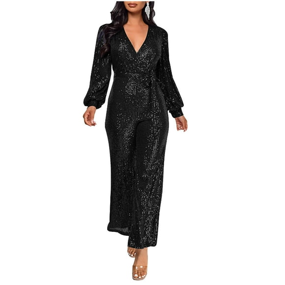 JMYHOAM Jumpsuits for Women, Women'S Solid Color High-Waisted Long Sleeve V-Neck Off-The-Shoulder Sequin Slim Long Sequin Romper Women's Jumpsuits, Rompers & Overalls, L