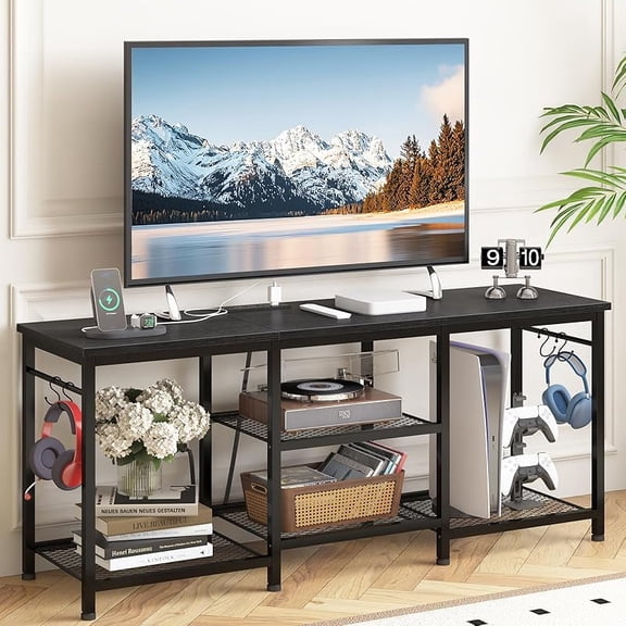 Entertainment Center for 55 inch TVs, TV Stand with Power Outlet and Open Storage Shelves, TV Media Console Table for Living Room and Bedroom,Black