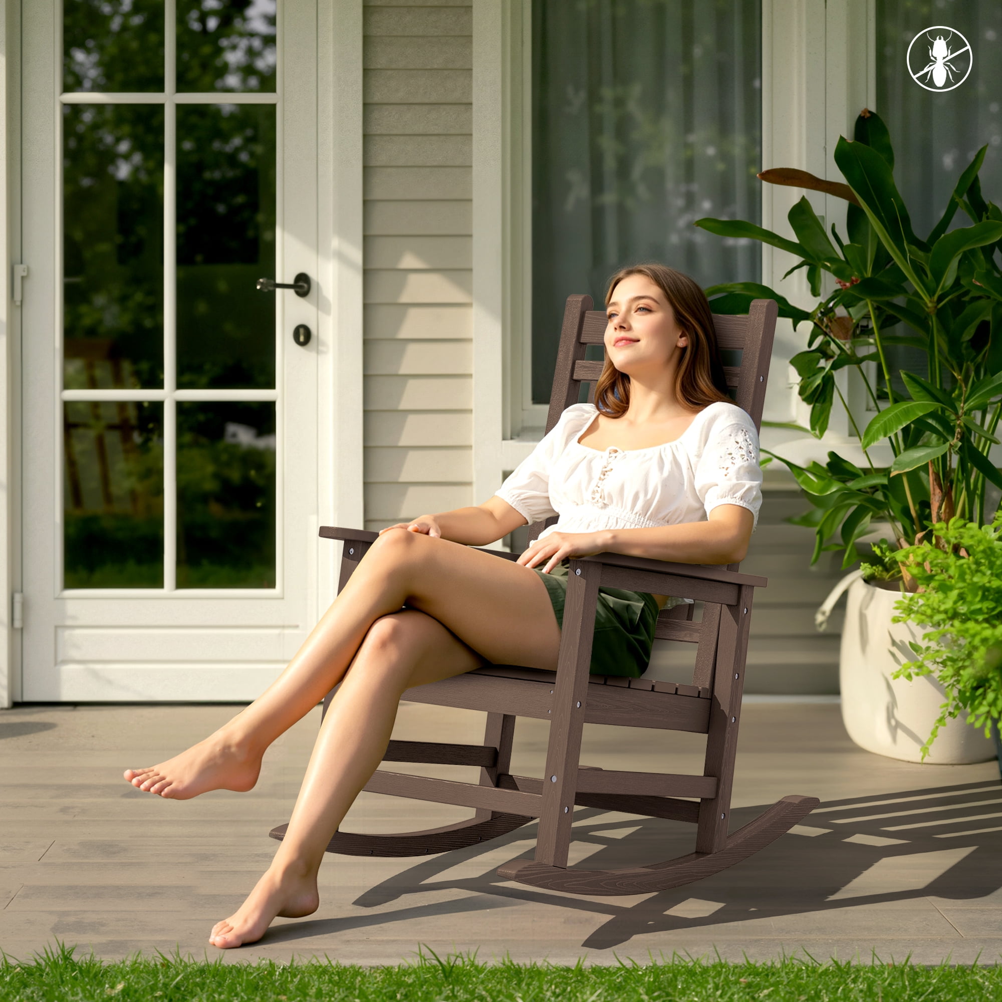 KINGYES Outdoor Rocking Chair Set of 2 HDPE All Weather Patio Rocker for Garden Lawn, Brown