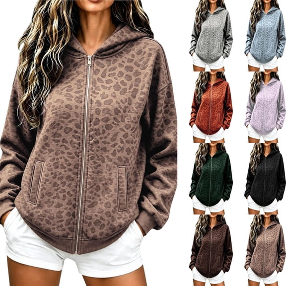 DHFJKG Leopard Zip Up Hoodie Women Y2k Sweatshirt Long Sleeve Fall Track Jacket With Pockets