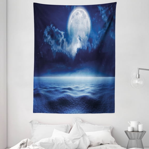 Moon Tapestry, Full Moon with Calm Sea and Clouds Nature Image Design Cold Winter Night Sky, Wall Hanging for Bedroom Living Room Dorm Decor, 60W X 80L Inches, Navy Blue White, by Ambesonne