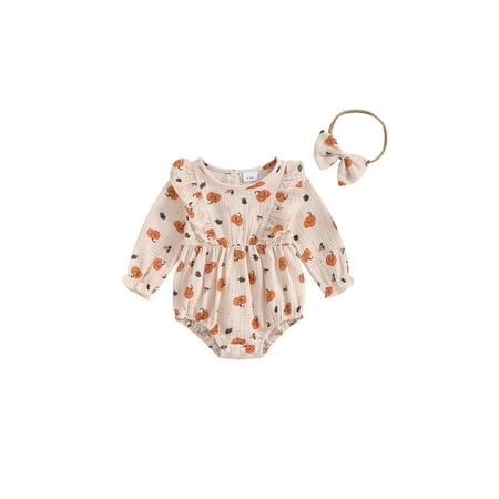 

REDWOON Baby Girls Halloween Romper Pumpkin Print Jumpsuits and Headband