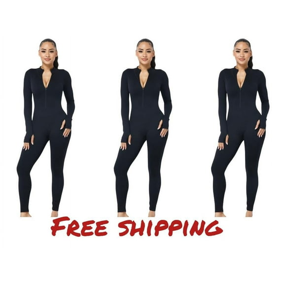 LADIES FRONT ZIPER MOCK NECK OPEN THUMB LONG SLEEVE BODYCON JUMPSUIT SIZE-L WITH FREE SHIPPING
