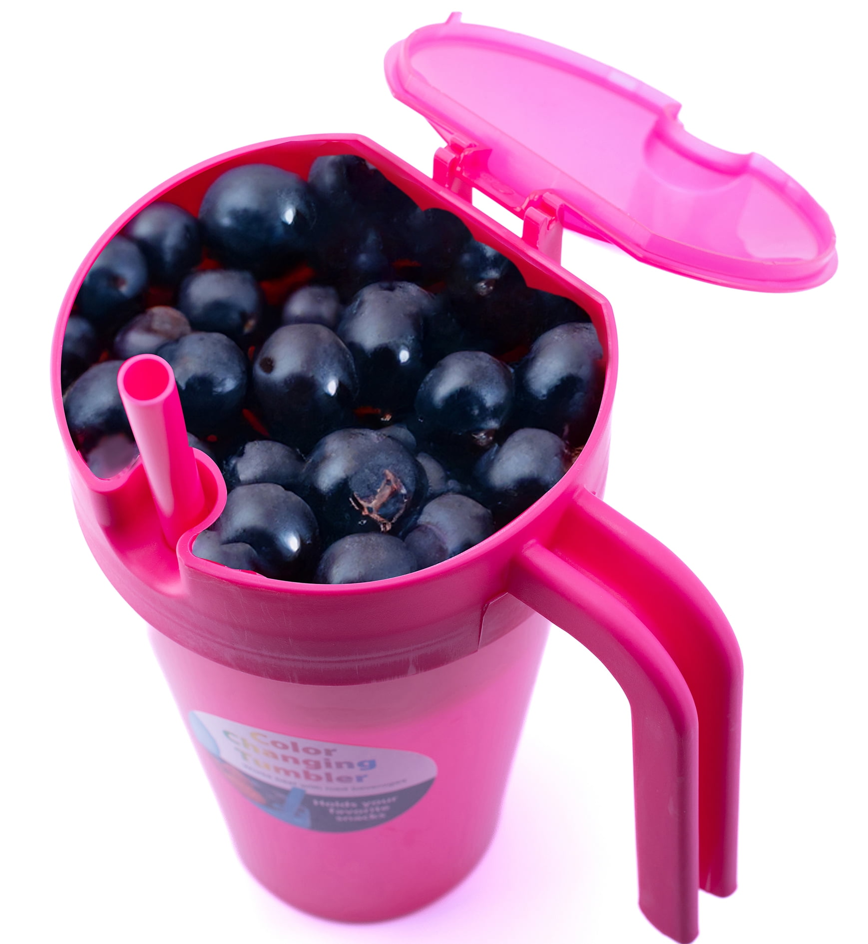 Mainstays 24 oz Plastic Snack Tumbler with Straw, Pink, Color Changing, Includes Snack Compartment with Lid