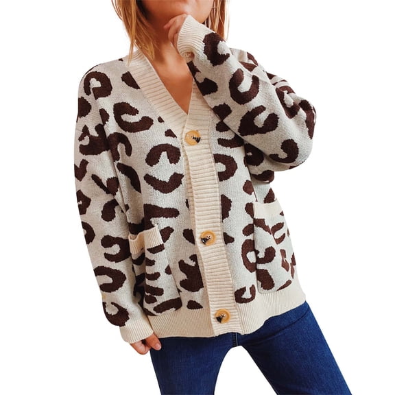 Cardigan Women Loose Casual Leopard Print Long Sleeve V Neck Knit Sweater Women's Cardigans