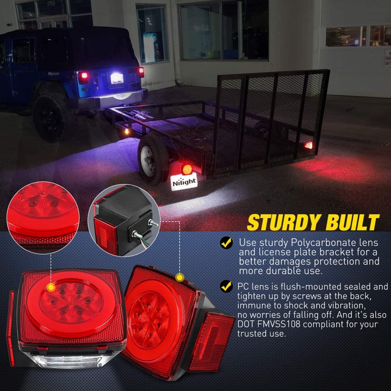 Nilight LED Trailer Light Kit - 2 PCS Square Stop/Turn/Tail Lights With License Plate Bracket, IP68 Waterproof, 12V