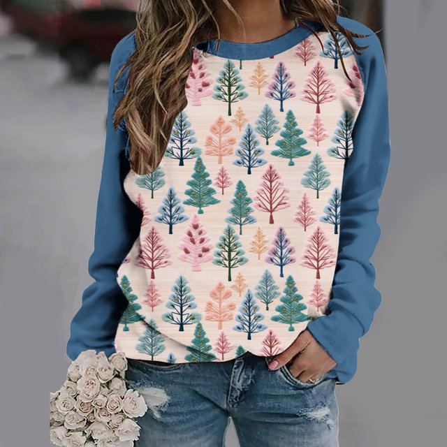 Aqestyerly Hauts à Manches Longues pour Femmes Blouse à Manches Longues Imprimée de Noël pour Femmes Col Rond Tunique Décontractée