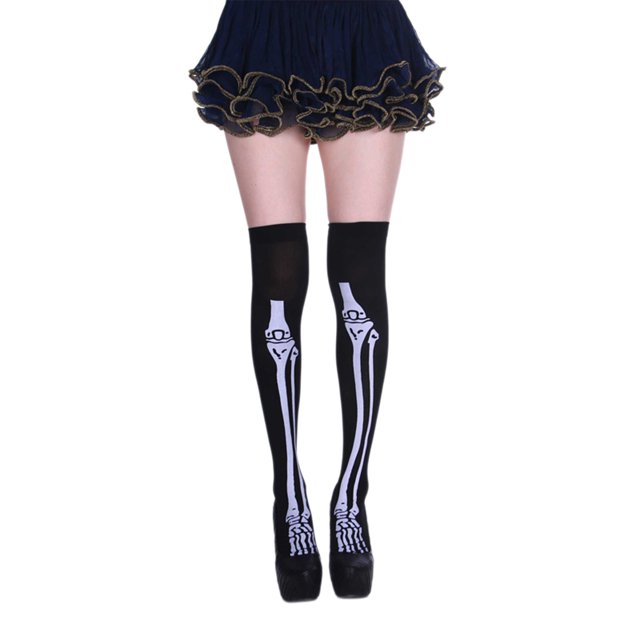 Bas d'Halloween pour Femmes Collants Résille Gothique Squelette Accessoires de Costume de Fête avec Design Taches de Sang Effrayant