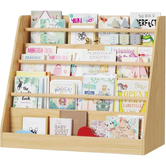 Kids Bookshelf,Kids Wooden 4 Tier Book Display Shelf,Montessori Bookcase Kid Room, Toddler Bookshelf for Nursery Classroom (Natural)