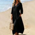 thumbnail image 2 of Womens 3/4 Sleeve Tunic Dress, Casual Loose Fit Pleated Long Gown, Elegant A-Line Work Office Beach Vacation Swing Dress, S-2XL, 2 of 5