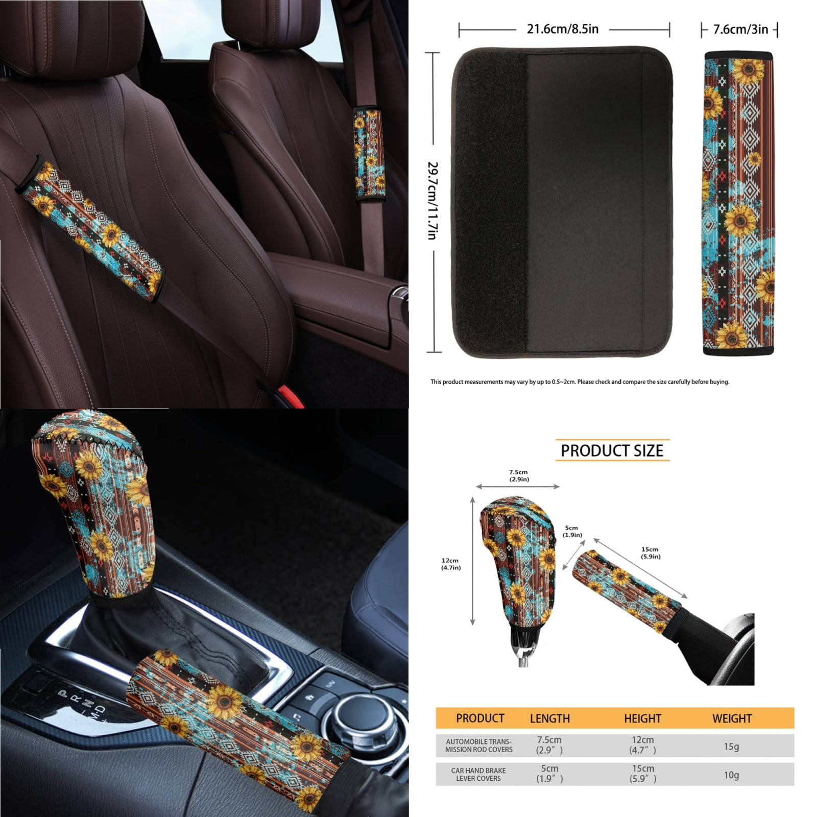 Renewold American Tribal Sunflower Car Seat Cover Full Set 14 PCS, with Steering Wheel Cover Seatbelt Pad Coasters Rubbish Bin Rear View Mirror Armrest Cover Cushion Gear Shift Knob Cover Set