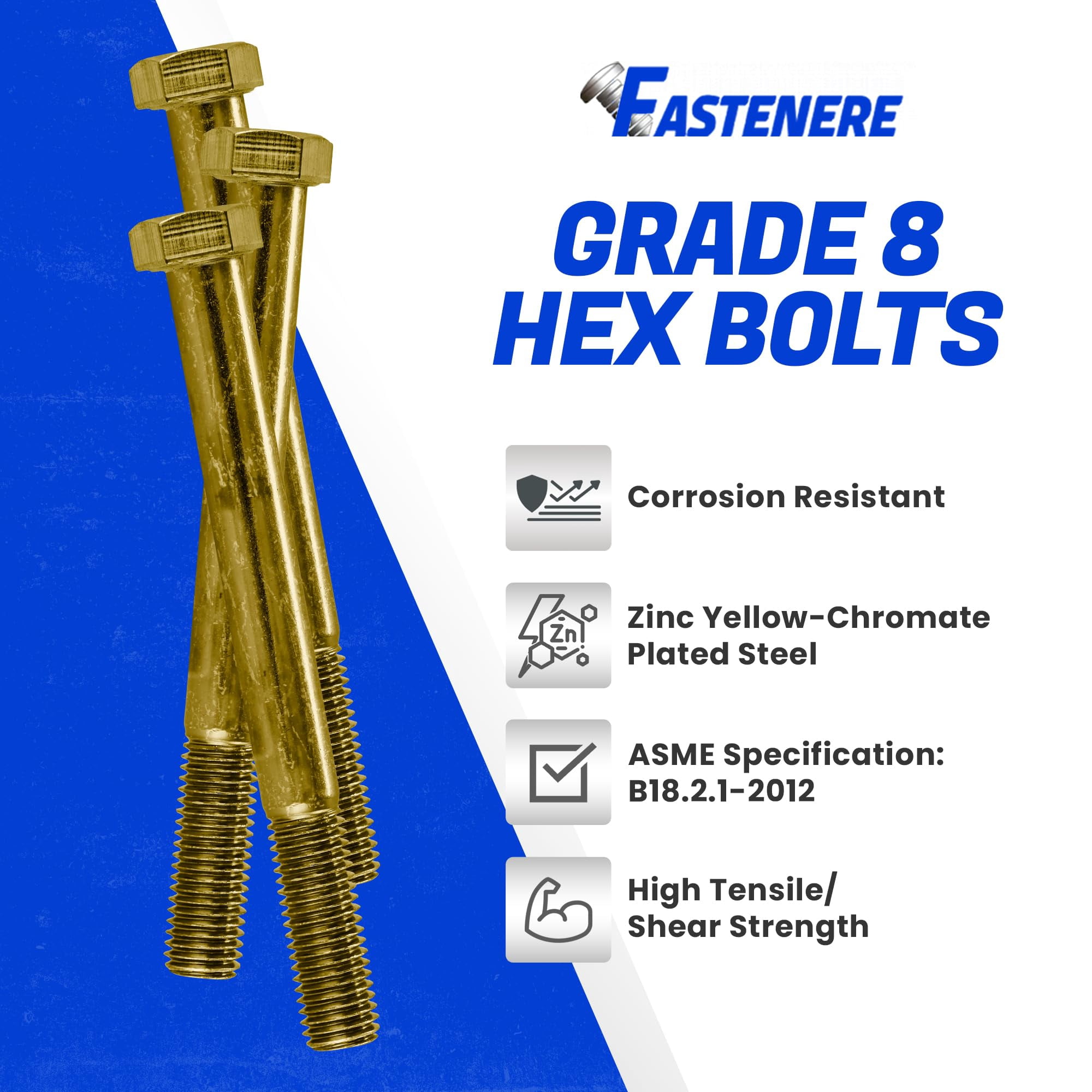 Fastenere 7/16"-14 x 4" Hex Bolts Grade 8 Zinc Yellow-Chromate Plated Steel, Partial Threaded Durable Hex Bolts for Machinery & Construction, Rust-Resistant, Heavy-Duty Fasteners, Pack of 5