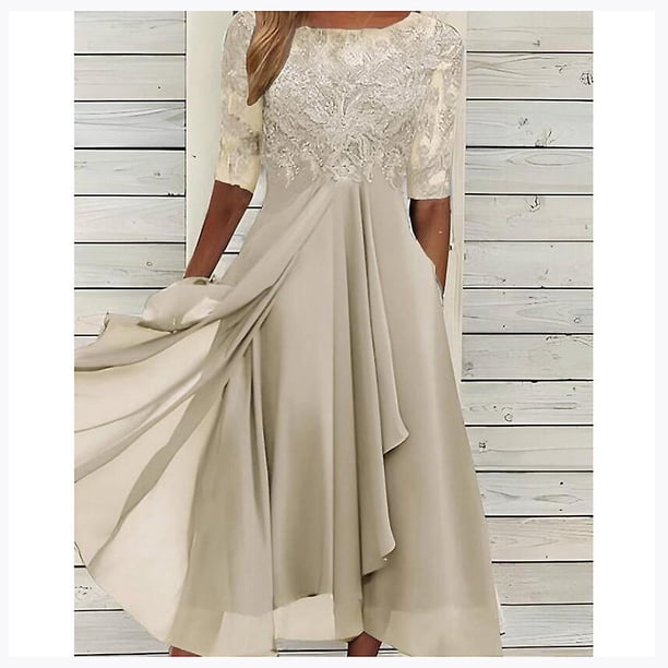 Vestido de apliques de encaje Midi Vestidos de noche de manga corta Vestido informal que combina con todo para boda