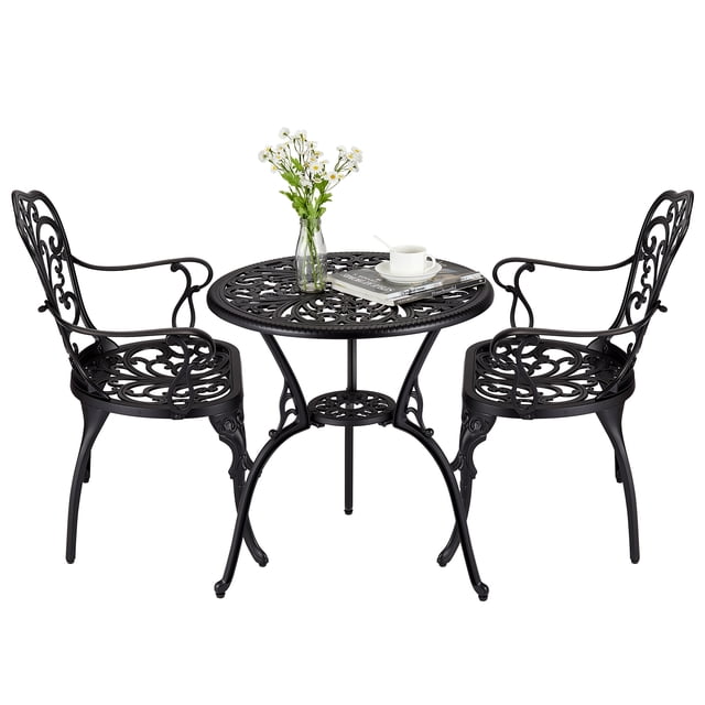 Ensemble Bistro d'Extérieur en Aluminium Coulé Résistant à la Rouille – Table de Patio 3 Pcs et 2 Chaises avec Trou pour Parasol – Résistant aux Intempéries, Design Classique pour Jardin, Balcon, Véranda – Fini Noir