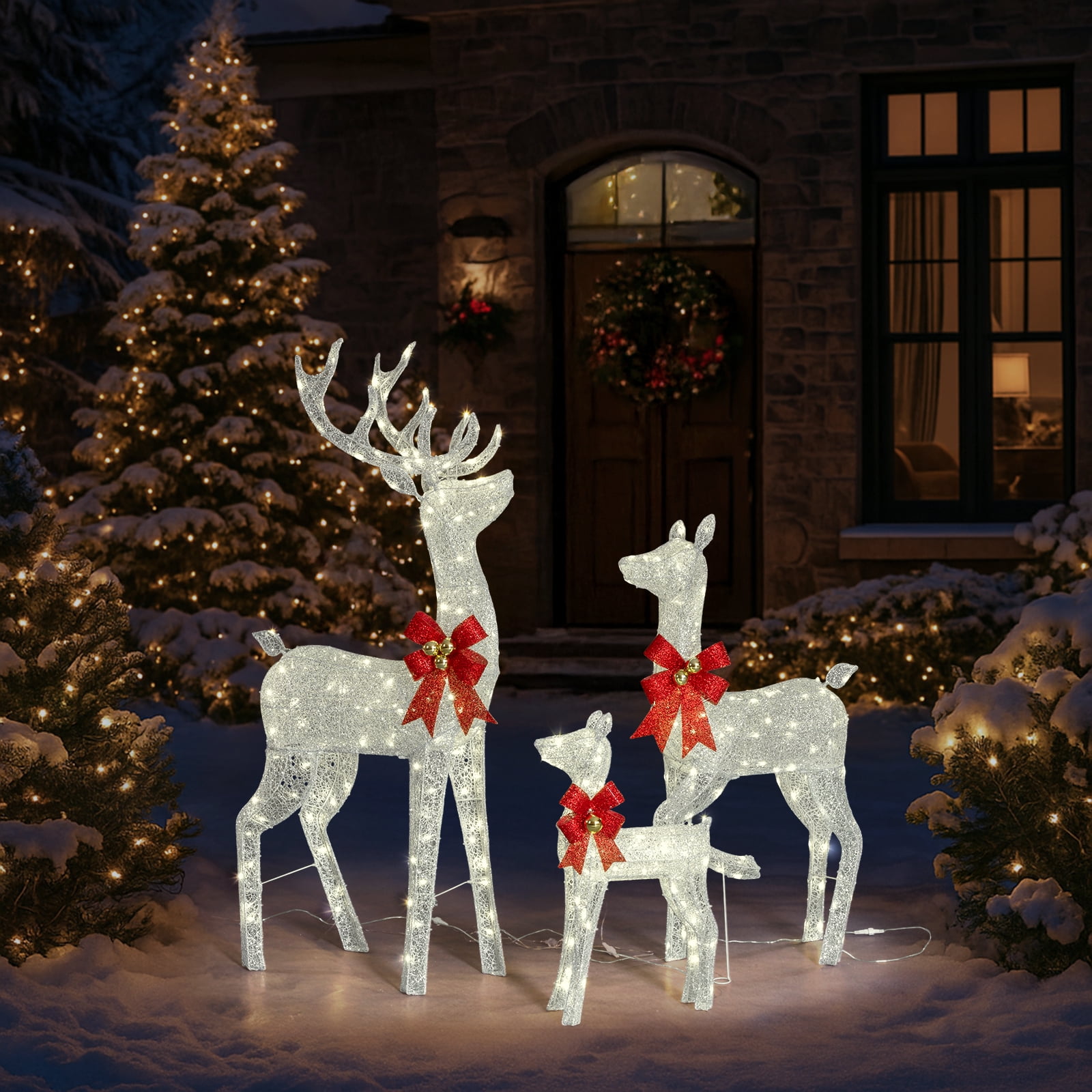 Astoutdoor 3-Piece Lighted Christmas Reindeer Family Set, Pre-Lit 290 LED Warm White Lights, Weather-Resistant Outdoor Holiday Decoration, White