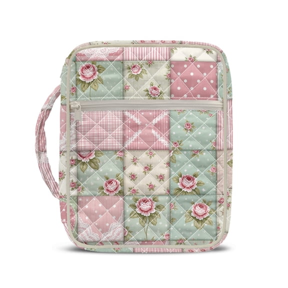 HELLHERO Patchwork Floral Rose Quilted Bible Cover for Spiritual, Polyester Fabric Bible Cover Case with Pocket Large Capacity Bible Cover Bag