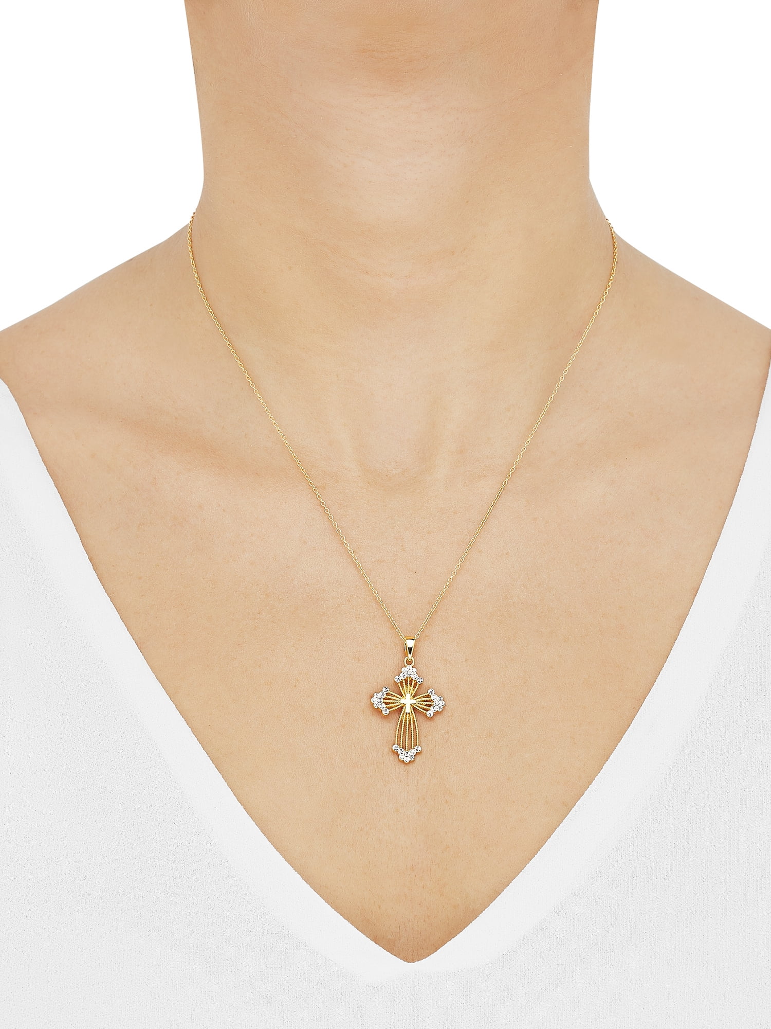 Brilliance Fine Jewelry Crystals Beaded Cross Pendant in Sterling Silver and 18K Gold Plate,18"