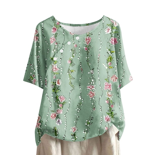 Tops de Lino para Mujeres Imprimir Suéter Cuello Redondo Manga Corta Superior Poliéster, Blusa de Moda Casual para la Primavera Y el Verano