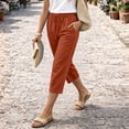 thumbnail image 4 of Cotton Linen Capris for Women Casual Summer Straight Wide Leg Loose Drawstring Elastic Waist Petite Pull On Pants for Women Vermilion L, 4 of 6