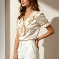 thumbnail image 5 of ClodeEU Women's Satin Ruff V Neck Puff Short Sleeve Blouse,Elegant Dressy Silky Top Beige,Women's Plus L, 5 of 6