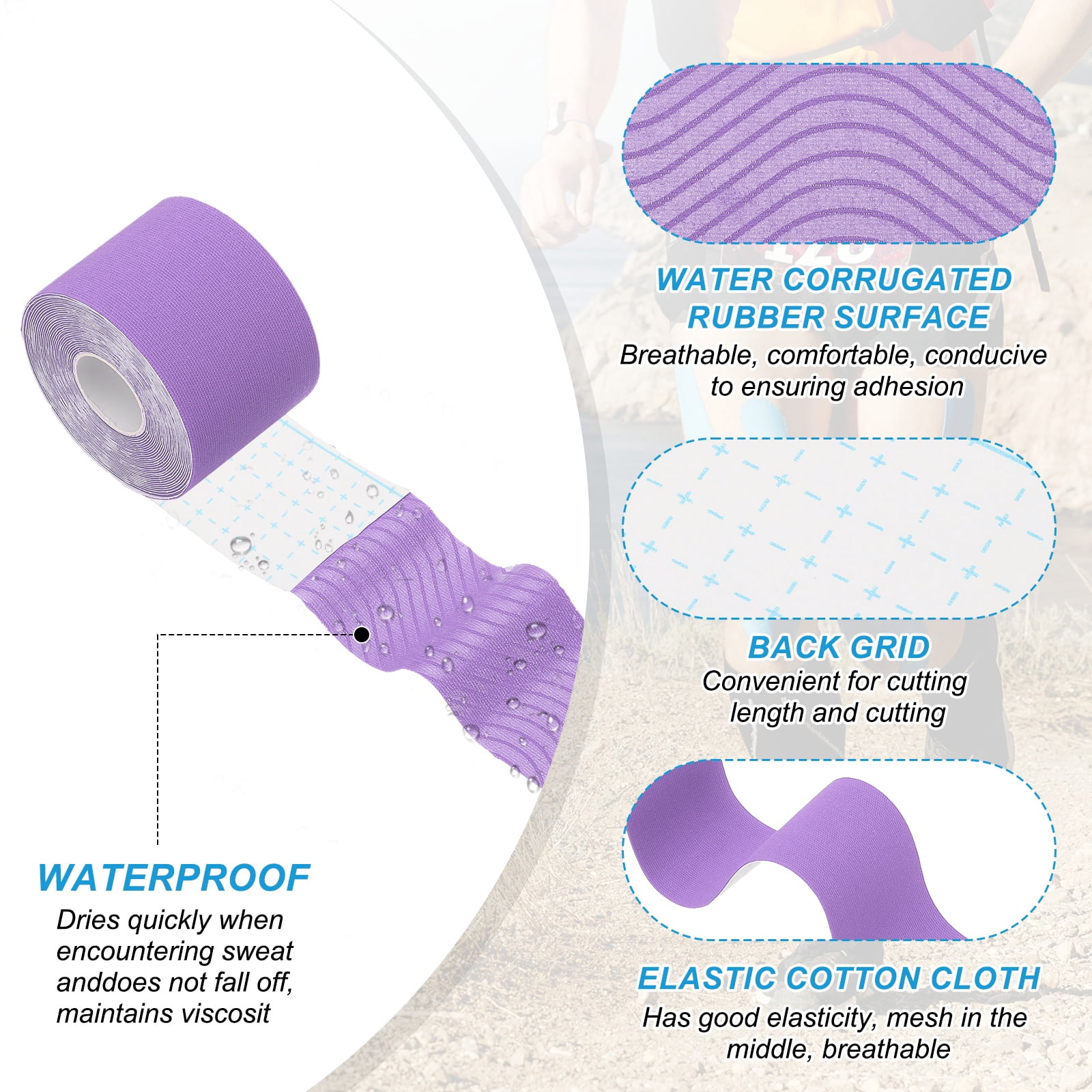 Uxcell Kinesiology Tape, Adhesive Cotton Sport Muscle Support Tapes Waterproof Elastic Tape for Knee Ankle Wrist Shoulder Purple