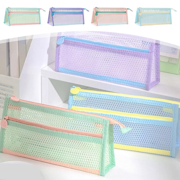 Under $1 Pencil Case, Mesh Double Layer Transparent Pen Bag, Large Capacity Exam Stationery Organizer for College Learners by PALIFEUR