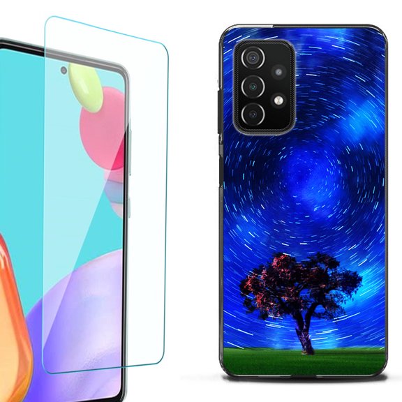 Slim-Fit Flexible TPU Gel Phone Case (black) for Samsung Galaxy A52 5G, with Tempered Glass Screen Protector, by OneToughShield ® - Star Trails Tree